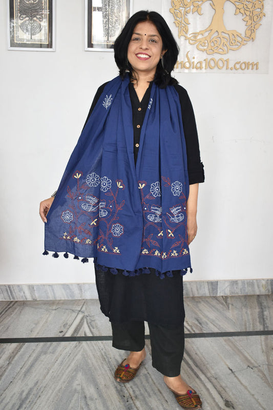 Beautiful Soft Cotton Voile Stole with Kantha work & hand embroidery & tassels