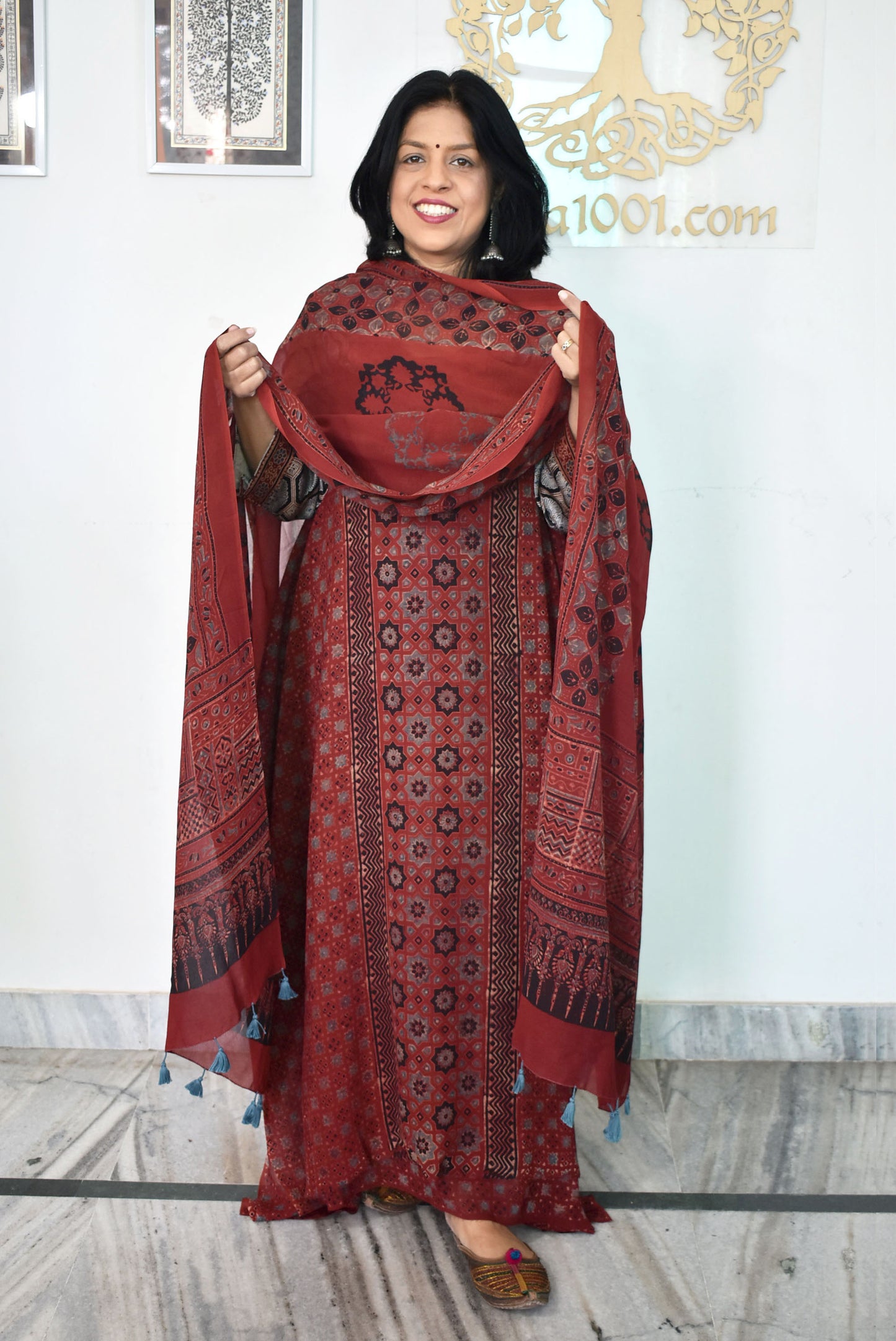 Ajrakh Hand Block Print Georgette Dupatta & Georgette Kurta Fabric