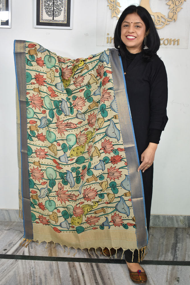 Beautiful Bangalore Cotton Silk Hand Painted Kalamkari Dupatta