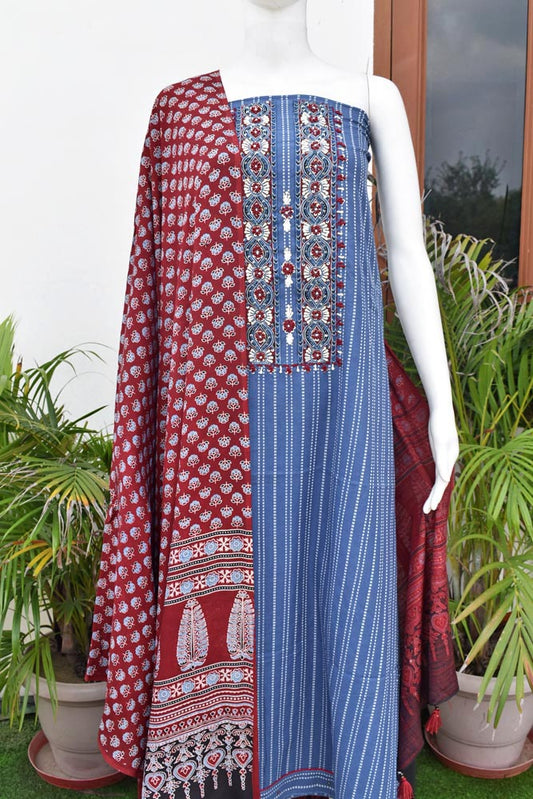 Beautiful  Cotton Unstitched Suit with Ajrakh print Neck patch, Intricate Hand Embroidery & Ajrakh Block print Modal dupatta