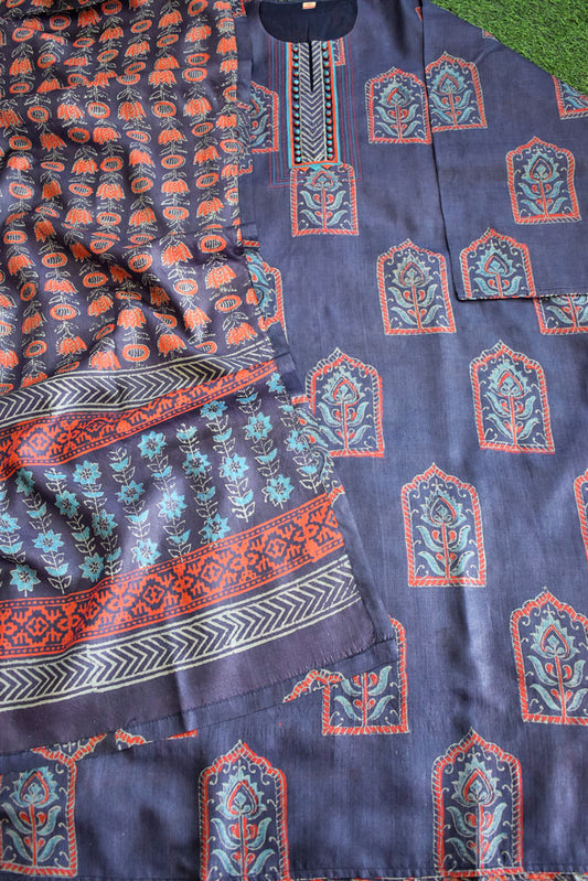 Semi Stitched Block Printed Tussar Silk Dupatta  & Tussar Kurta Fabric