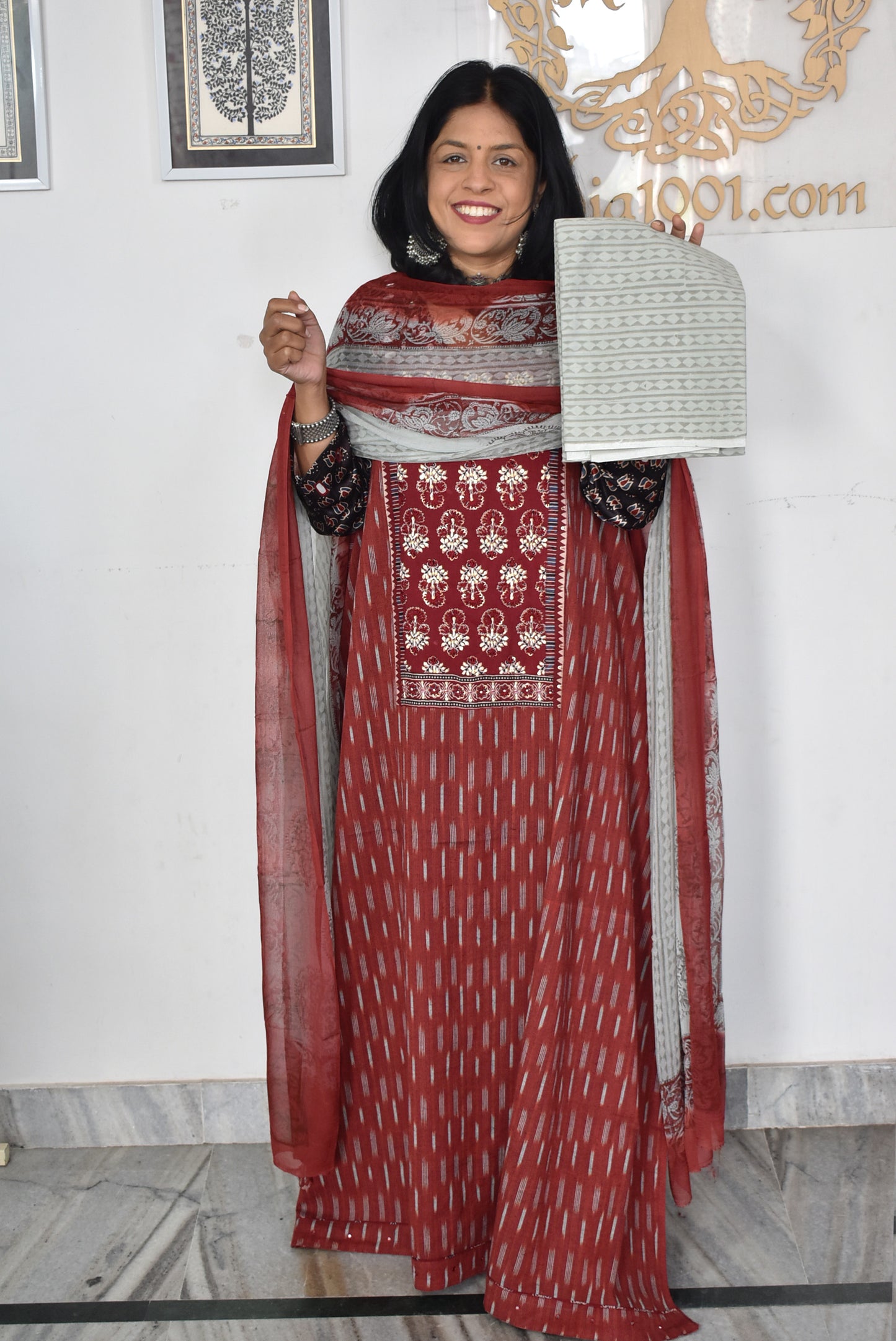 Elegant Handwoven Ikkat Cotton Unstitched Suit with Ajrakh patch ,Intricate Hand Embroidery block print dupatta