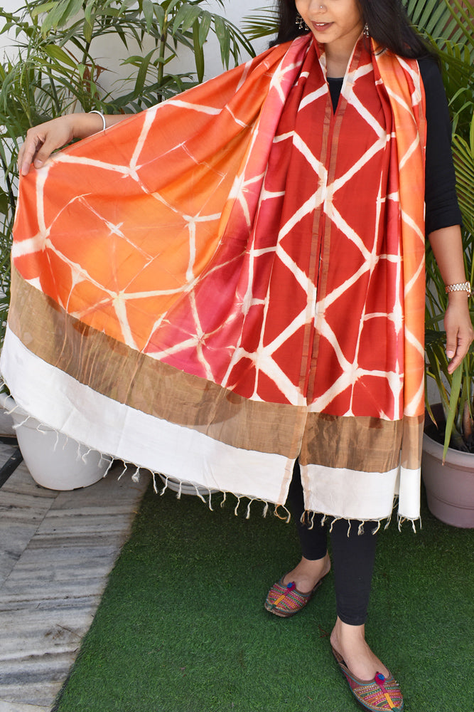 Clamp Dyed Chanderi Dupatta with Zari border and palla