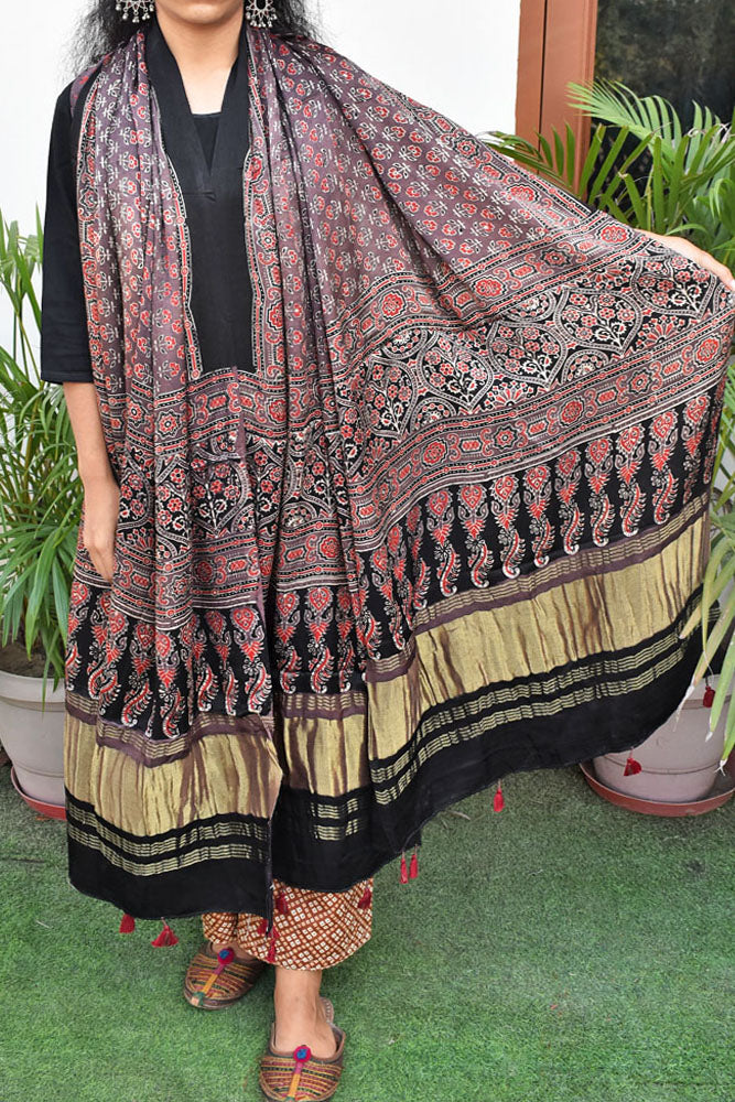 Elegant Modal Silk Ajrakh Block Print Dupatta with Lagdi Palla