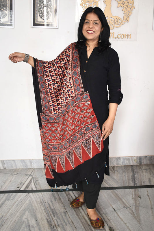 Beautiful Hand Block Printed Ajrakh Modal Silk stole with Tassels