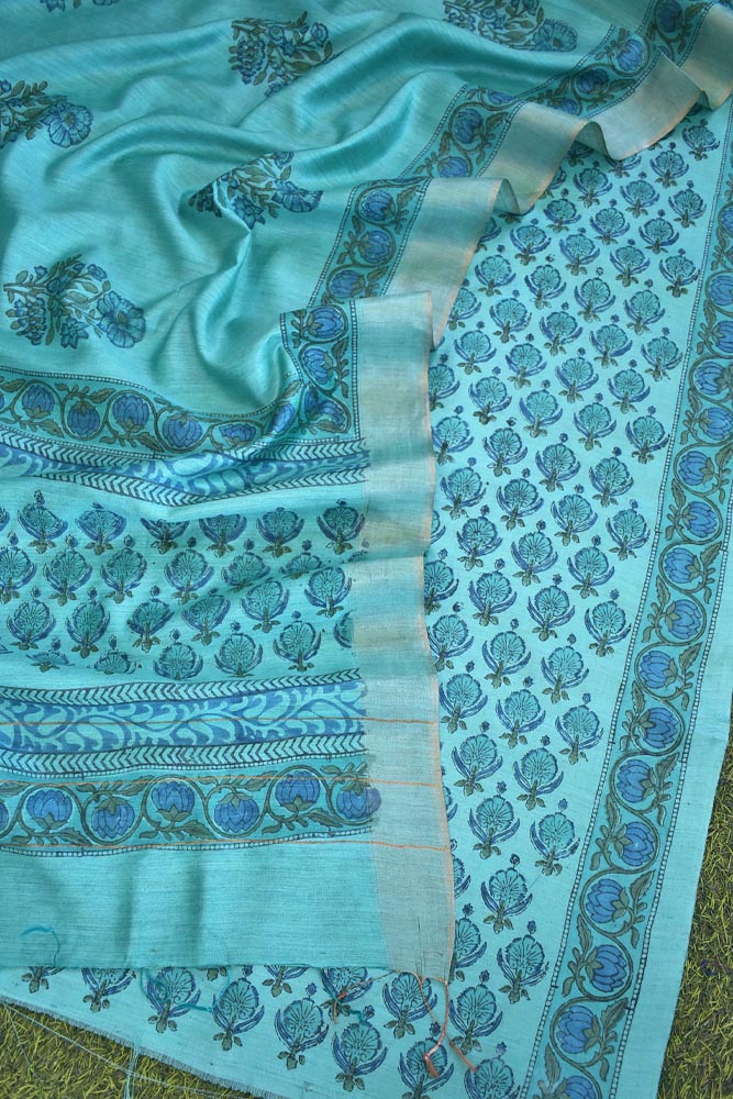 Elegant Hand Block printed Moonga Tussar Silk Kurta Dupatta Set