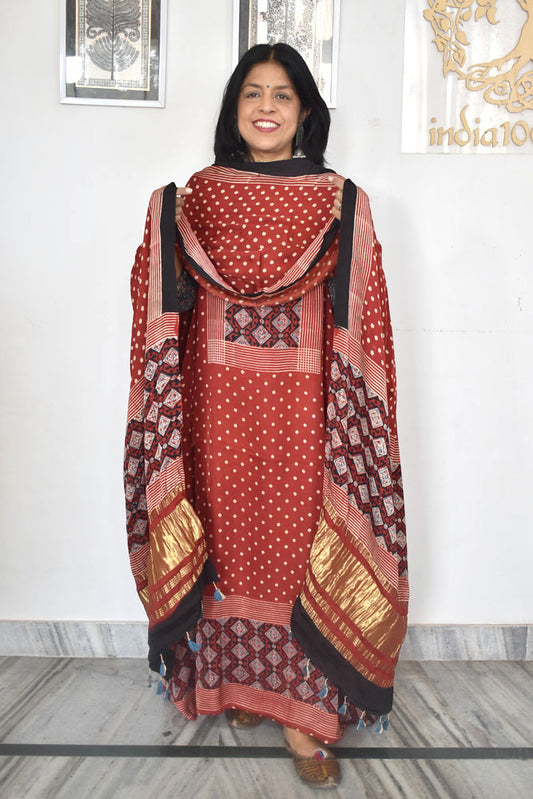 Beautiful Hand Block printed Kutch Ajrakh Modal silk suit with Lagdi patta