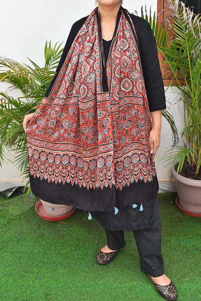 Beautiful Hand Block Printed Ajrakh Modal Silk stole with Tassels