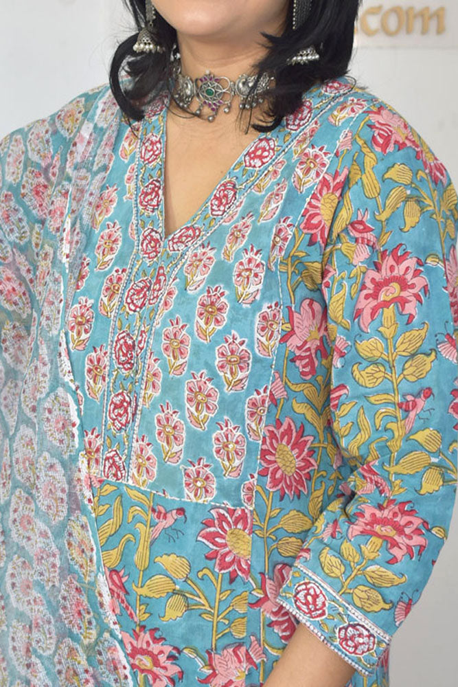 Hand Block Printed Cotton suit with Hand Embroidery - Kurta , Kota Dupatta & Pant - size 38, 40, 42, 44, 46