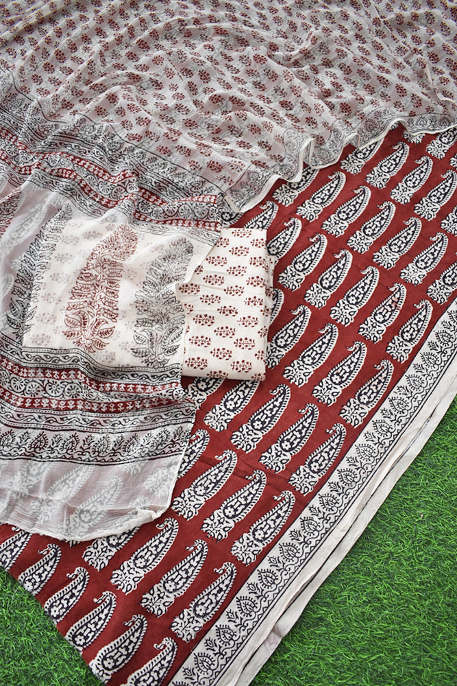 Classic Bagh Block Printed unstitched suit fabric with chiffon dupatta