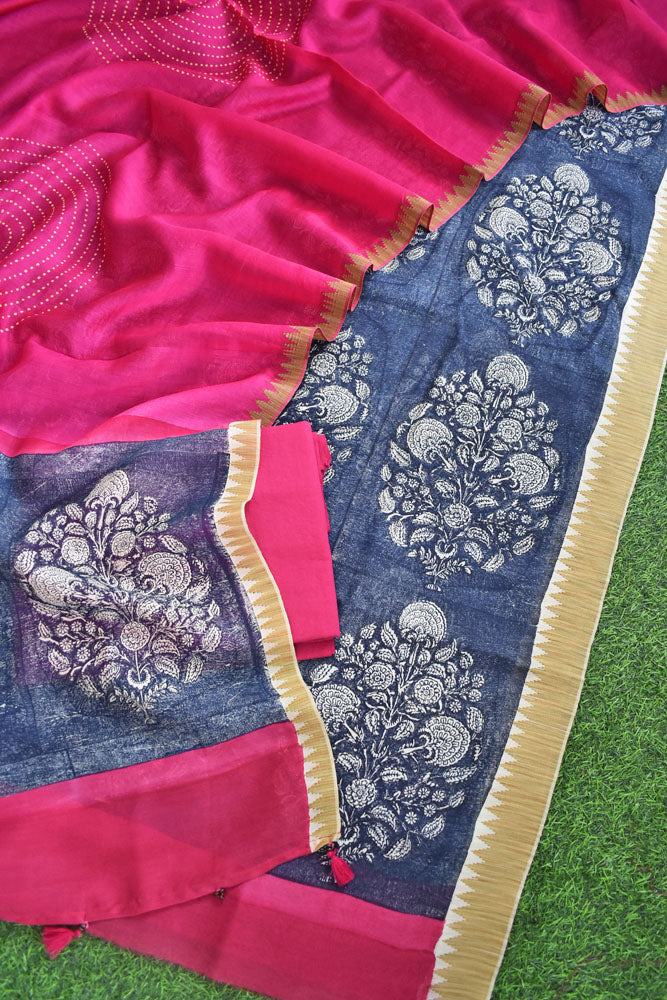 Beautiful Hand Block Printed Maheshwari Silk Cotton Unstitched suit fabric with Ghicha borders