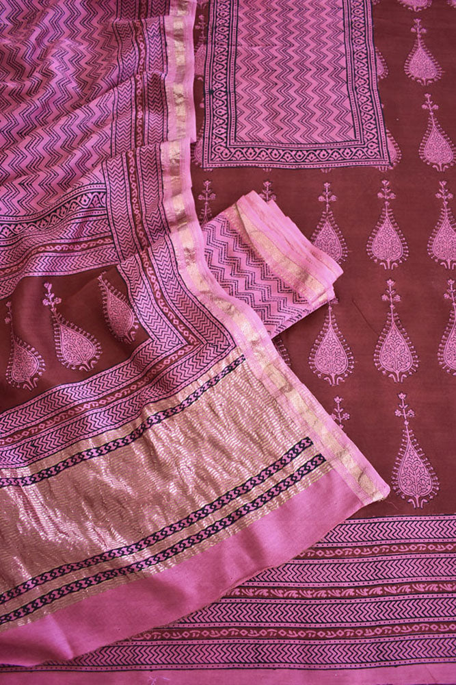 Bagh Hand Block Printed unstitched 3 pcs Handwoven Maheshwari suit fabric with Zari borders & Lagdi ( zari palla )