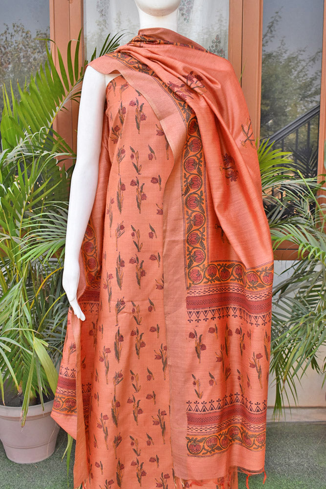 Elegant Hand Block printed Moonga Tussar Silk Kurta Dupatta Set