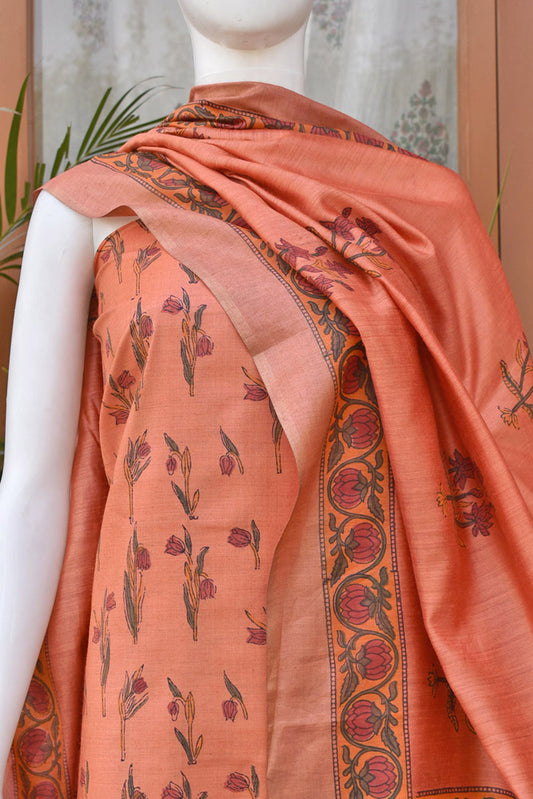 Elegant Hand Block printed Moonga Tussar Silk Kurta Dupatta Set