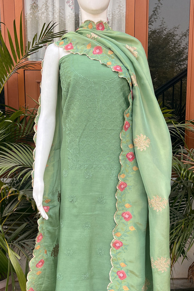 Exquisite Hand Chikankari Chanderi Kurta Fabric with Embroidered Georgette Tissue Dupatta  & cotton bottom