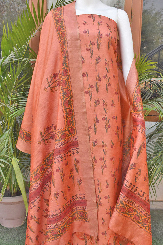 Elegant Hand Block printed Moonga Tussar Silk Kurta Dupatta Set