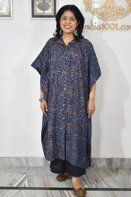 Beautiful Hand Block Printed Ajrakh Kaftan, Can fit till size 48