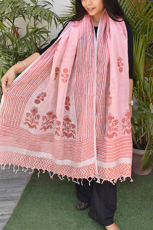 Elegant Hand Block Printed Pure Linen dupatta