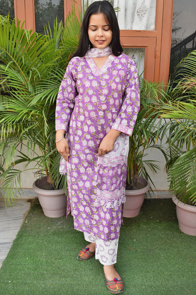 Hand Block Printed Cotton suit with Hand Embroidery - Kurta , Chiffon Dupatta & Pant - size 38,40,42,44