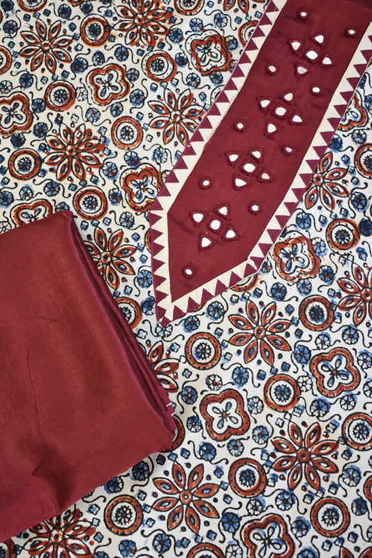 Designer Ajrakh Mashru Kurta Fabric with Kutch Mirror Work patch & Plain Mashru pant fabric