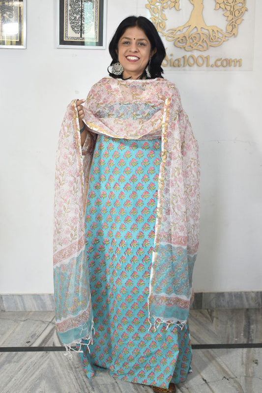 Beautiful Hand Block Printed Cotton unstitched suit fabric with Kota Doria Dupatta