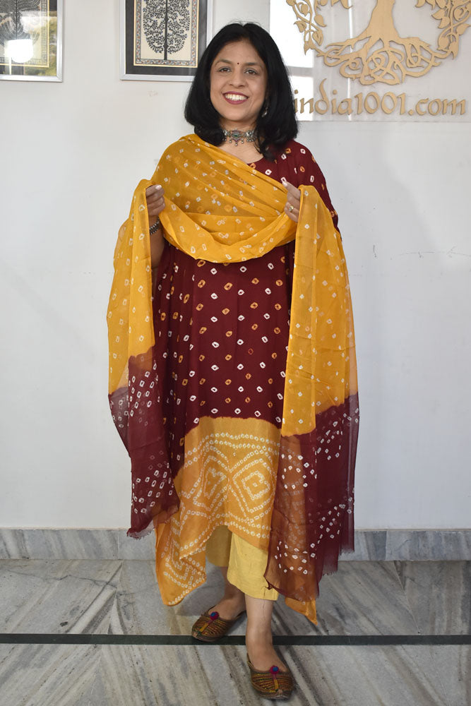 Hand Tie & Dye Bandhani Chinon suit with Chiffon dupatta