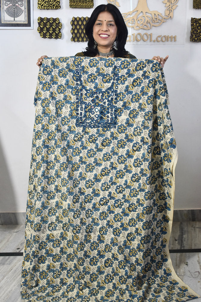 Designer Ajrakh Cotton Kurta Fabric with Kutch Mirror Work - 3 mtrs lenth