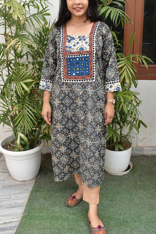 Hand block printed Ajrakh Cotton kurta with Kutch Mirror work - size 40, 42, 44