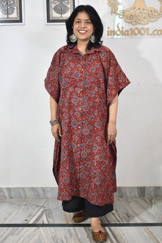 Beautiful Hand Block Printed Ajrakh Kaftan, Can fit till size 48