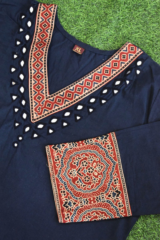 Beautiful Cotton Kurta with Ajrakh patch Kutch mirror work size - 40-46