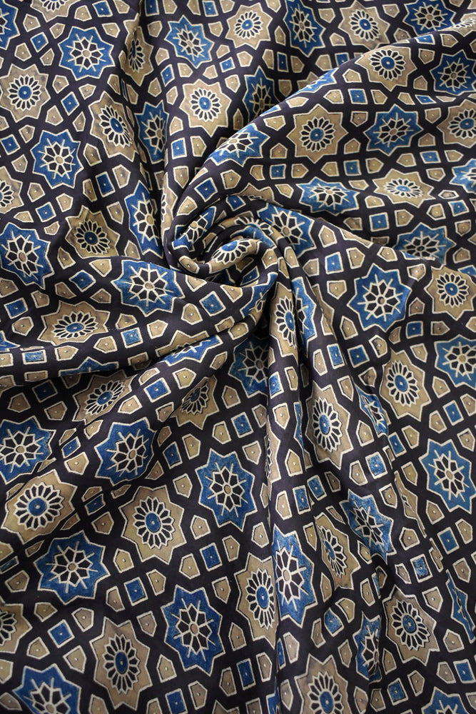 Beautiful Modal Silk Ajrakh Hand Block Print Fabric - 2.5 mtrs cut