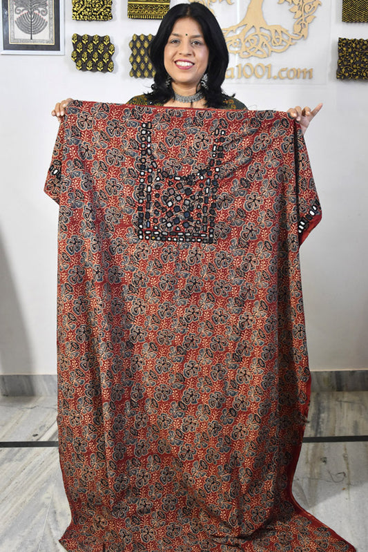 Designer Ajrakh Cotton Kurta Fabric with Kutch Mirror Work - 3 mtrs lenth