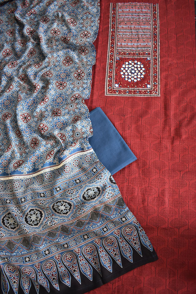 Beautiful  Cotton Unstitched Suit with Neck patch, Intricate Hand Embroidery & Block print Muslin dupatta