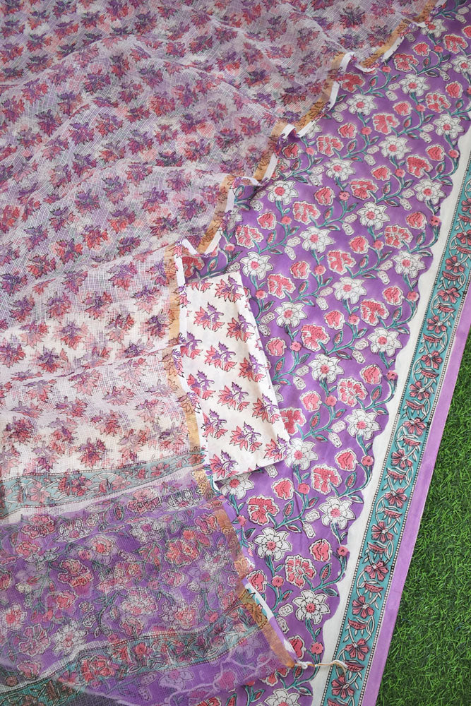 Beautiful Hand Block Printed Cotton unstitched suit fabric with Kota Doria Dupatta