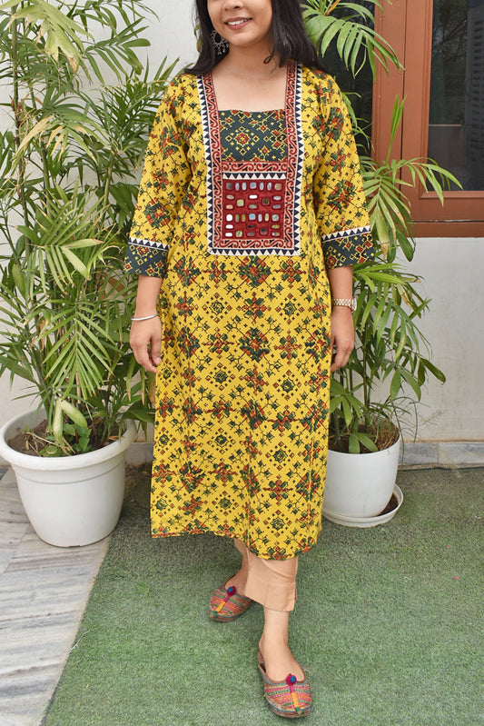 Hand block printed Ajrakh Cotton kurta with Kutch Mirror work - size 40, 42, 44