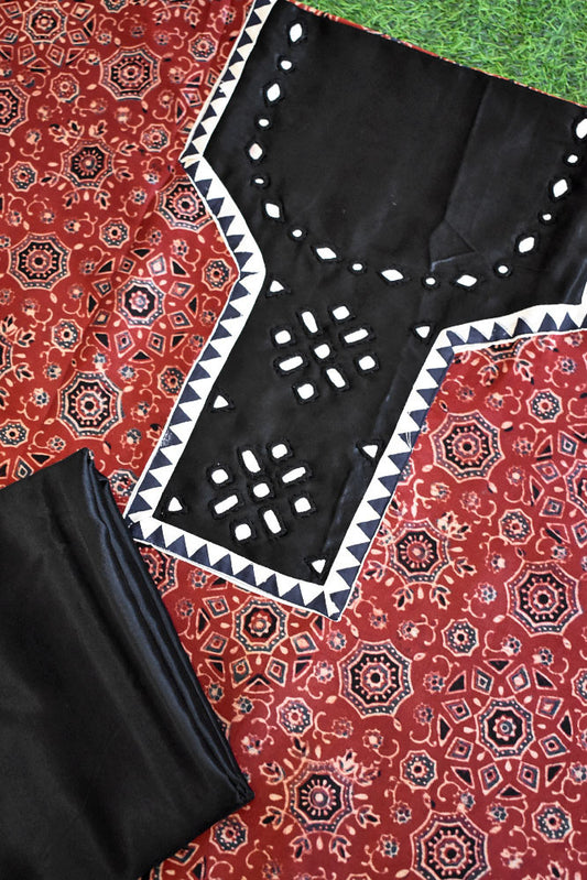 Designer Ajrakh Mashru Kurta Fabric with Kutch Mirror Work patch & Plain Mashru pant fabric