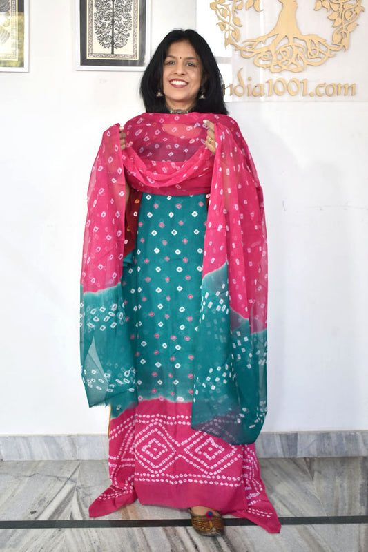 Hand Tie & Dye Bandhani Chinon suit with Chiffon dupatta