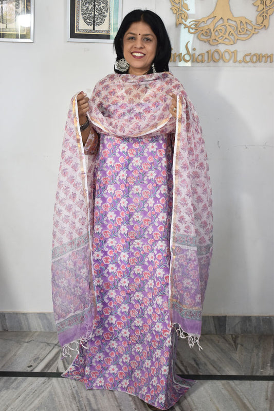 Beautiful Hand Block Printed Cotton unstitched suit fabric with Kota Doria Dupatta