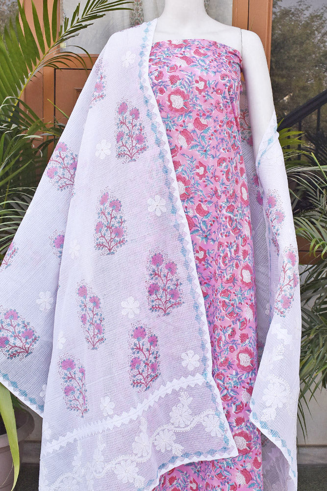 Exquisite Cotton unstitched suit with Block Printed Kota dupatta with Hand Chikankari embroidery