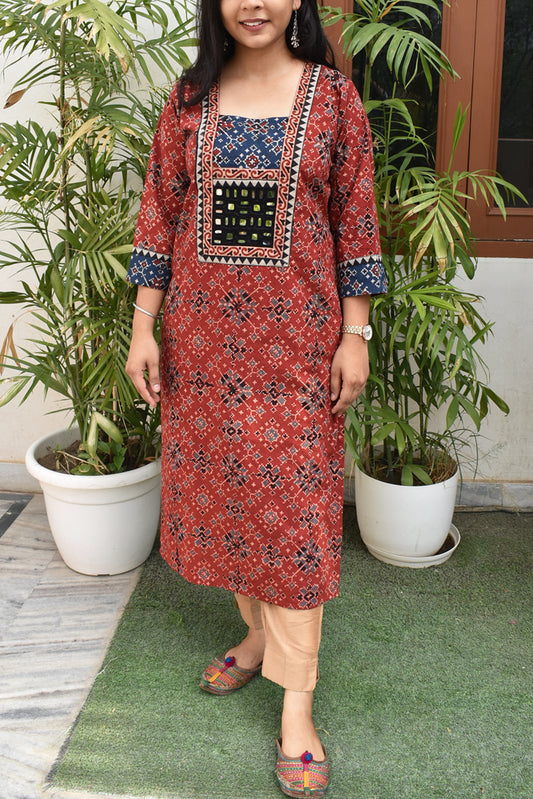 Hand block printed Ajrakh Cotton kurta with Kutch Mirror work - size 40, 42, 44