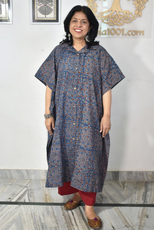 Beautiful Hand Block Printed Ajrakh Kaftan, Can fit till size 48