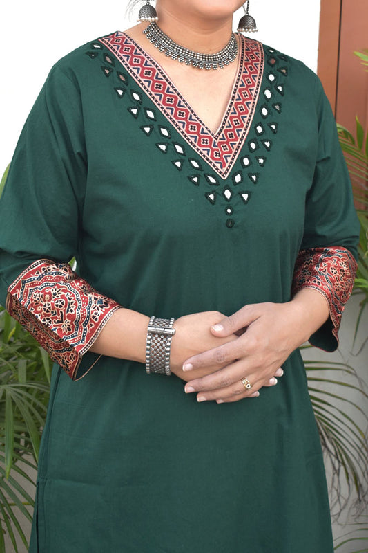 Beautiful Cotton Kurta with Ajrakh patch Kutch mirror work size - 40-46