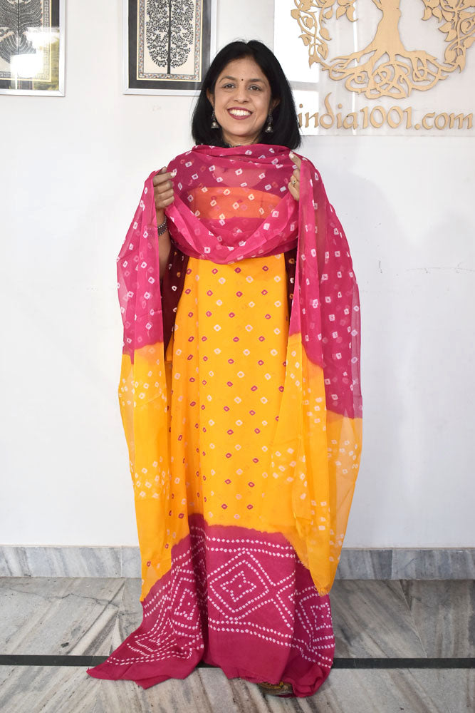 Hand Tie & Dye Bandhani Chinon suit with Chiffon dupatta