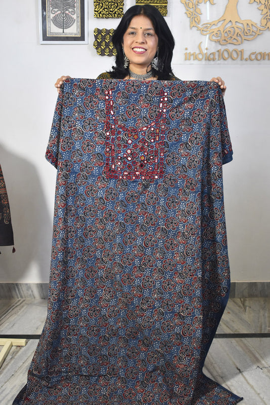 Designer Ajrakh Cotton Kurta Fabric with Kutch Mirror Work - 3 mtrs lenth