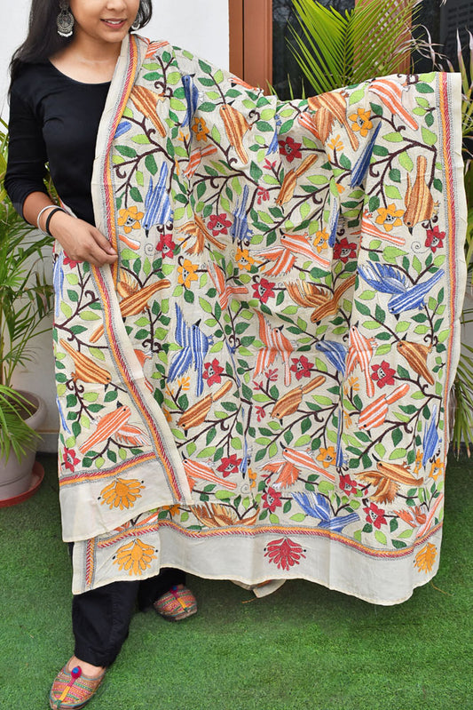 Beautiful Tussar Silk Dupatta with Nakkshi Kantha work