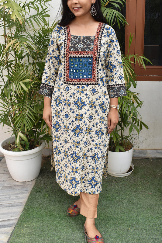 Hand block printed Ajrakh Cotton kurta with Kutch Mirror work - size 40, 42, 44