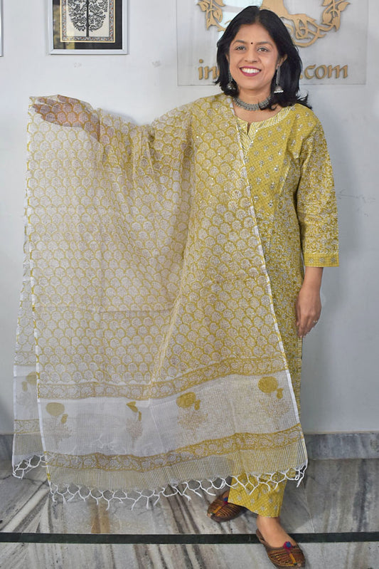 Elegant Cotton suit with Hand Embroidery and kota dupatta - Kurta ,Kota Dupatta & Pant - size 40- to 50