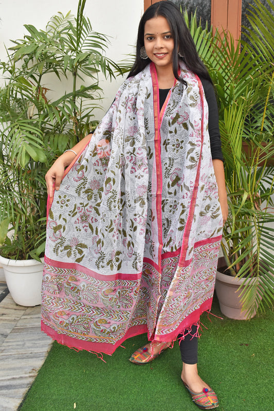 Hand Block Printed Kota Cotton Dupatta with zari border