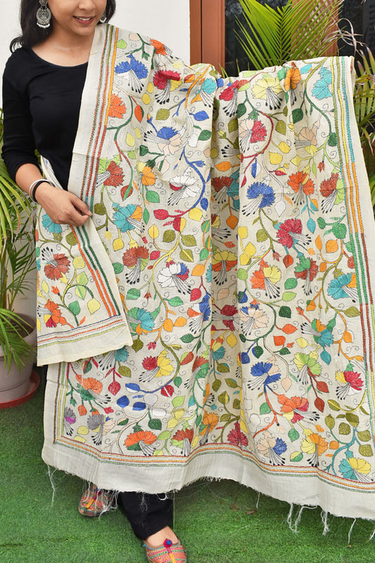 Beautiful Tussar Silk Dupatta with Nakkshi Kantha work