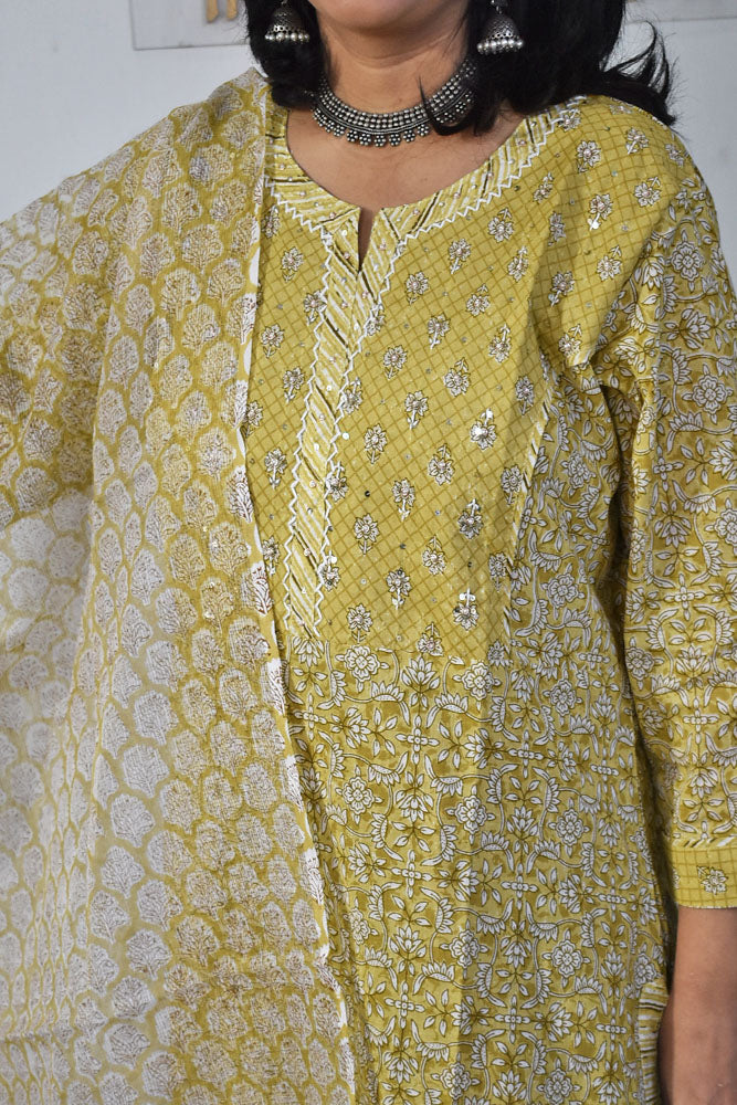 Elegant Cotton suit with Hand Embroidery and kota dupatta - Kurta ,Kota Dupatta & Pant - size 40- to 50